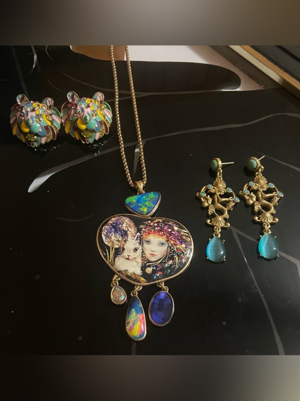 Multicolor K9 Portrait Pendant Necklace and 2 pairs of K9 Earrings
